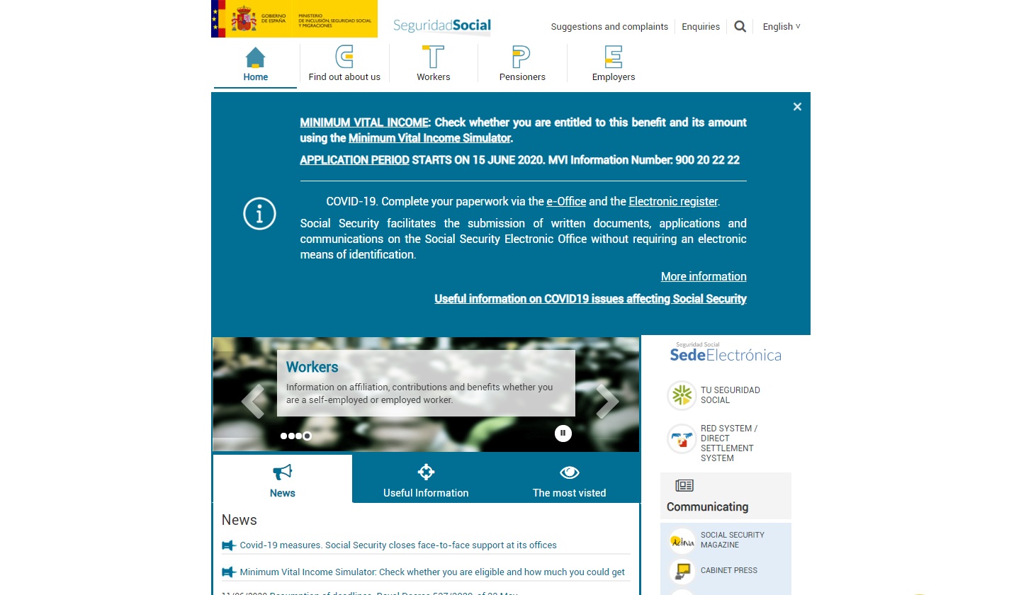 A screenshot of Spain's Social Security webpage